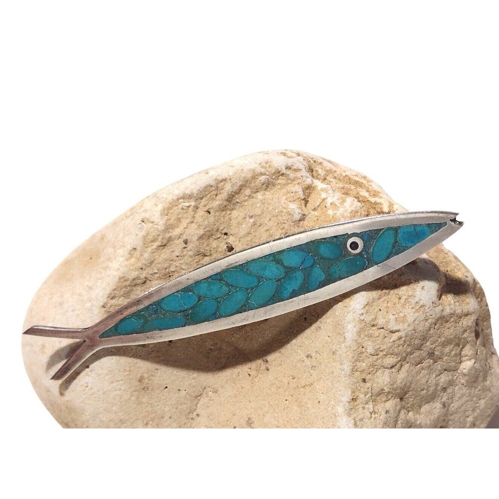 Vintage Turquoise Sterling Silver Brooch Pin Mid Century Modern Fish MEXICO